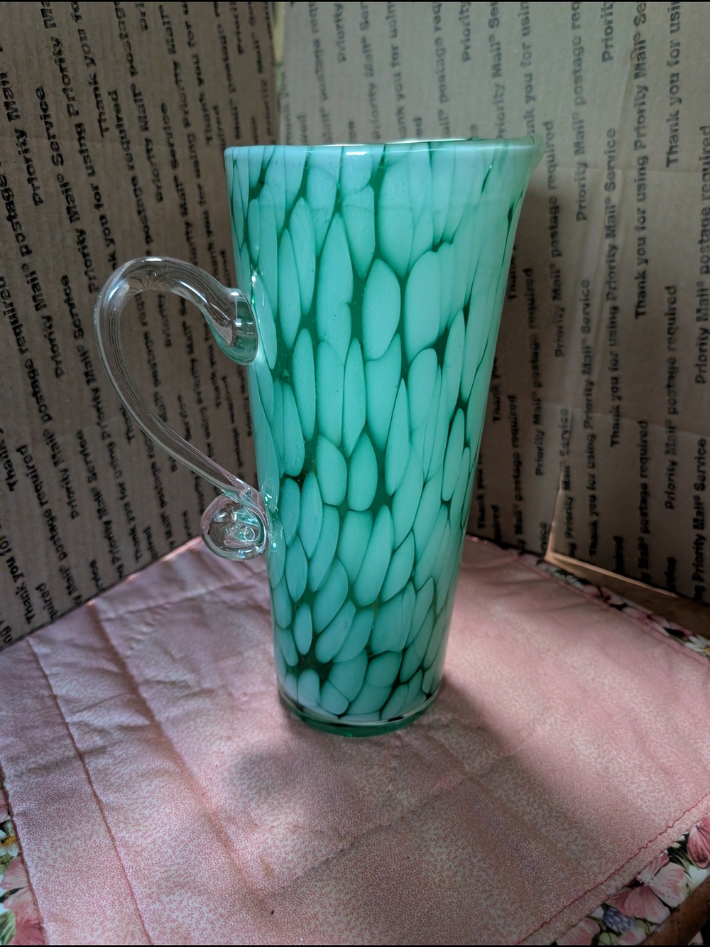 Art Glass Tall Decorative Vase in Aqua Green